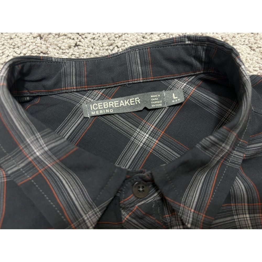ICBREAKER Merino Shirt Short Sleeve Button Up Wool Gray Plaid Outdoor Men Large - Picture 3 of 16